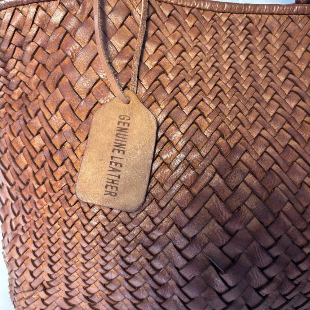 Bottega Style Woven Genuine Leather Tote Bag Brown Leather Shoulder Tote - Picture 4 of 10